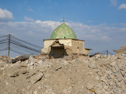 A picture taken on October 27, 2019 shows Mosul's heavily damaged Al-Nuri Mosque in the fo