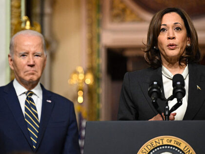 US Vice President Kamala Harris, with US President Joe Biden (L), speaks at a signing cere