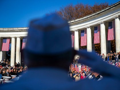 ARLINGTON, VA - NOVEMBER 11: A veteran salutes as the Honor Guard arrives during a Veteran